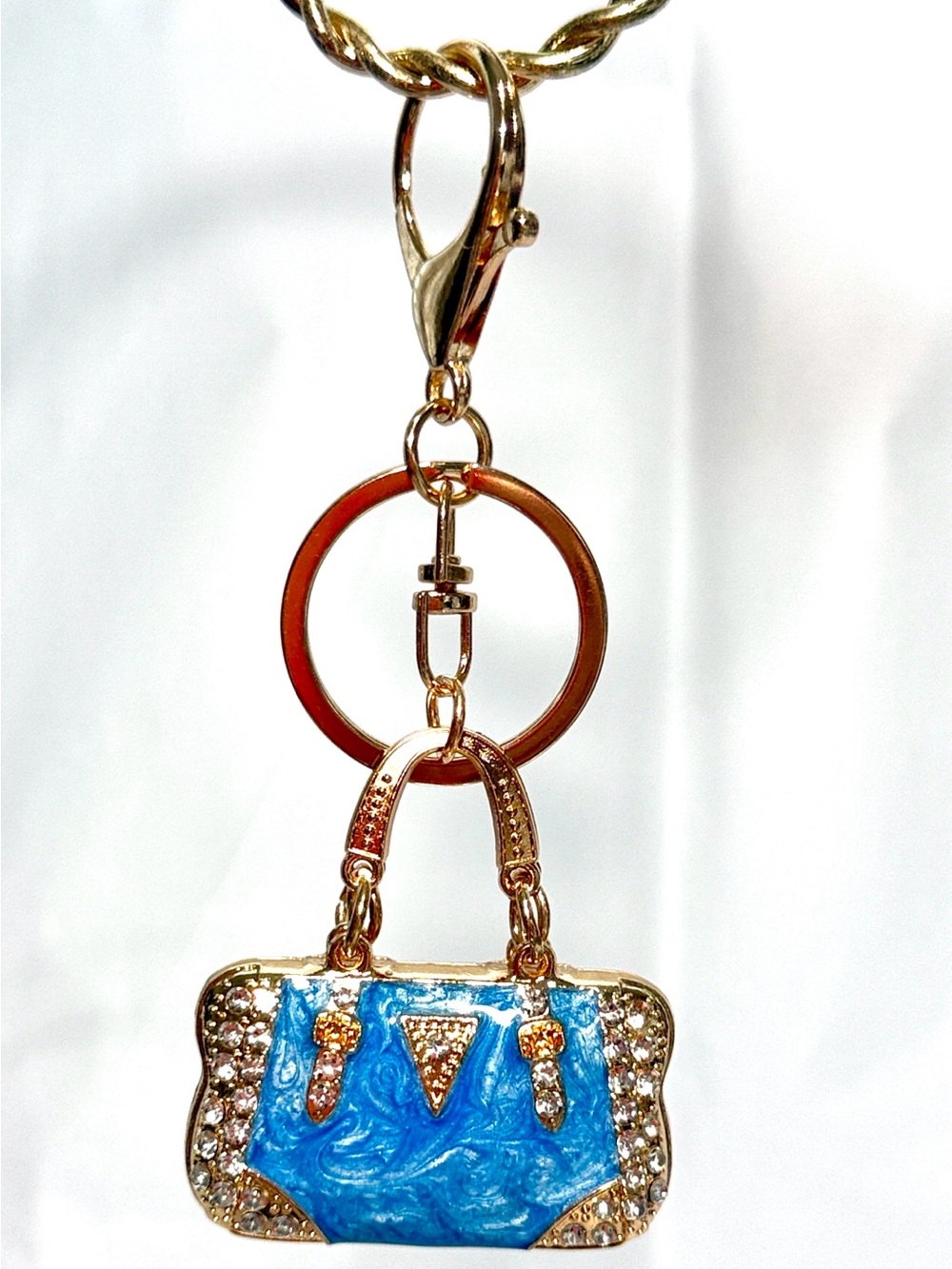 Gold Tone Sky Blue Mini Purse With Bling Keychain